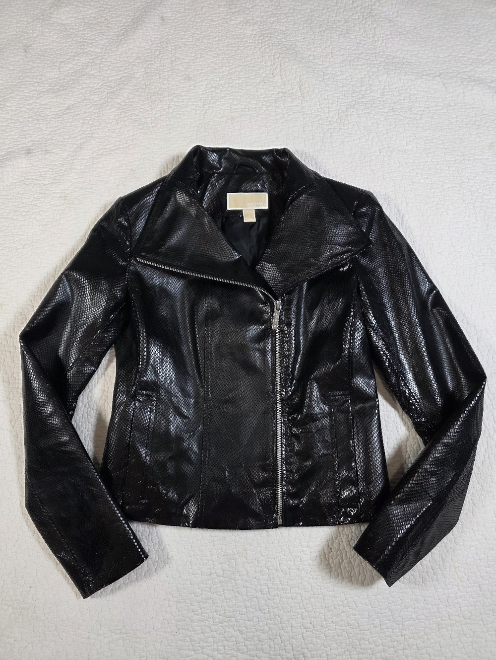 Michael Kors Black Croc Embossed Leather Moto Jacket